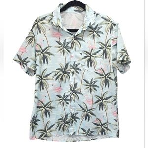 Tropical Flamingo Palm Button up Blue Short Sleeve Med Chest Pocket Hawaiian